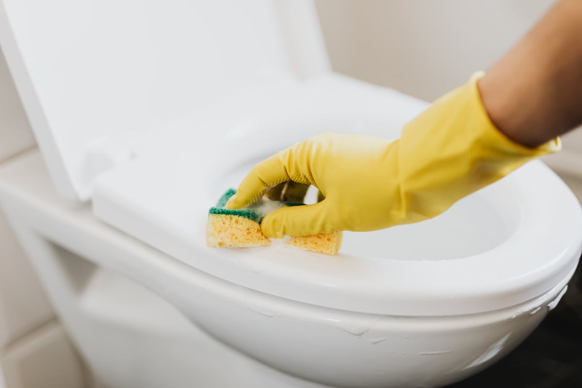 Commercial restroom cleaning supplies organized for efficient janitorial service